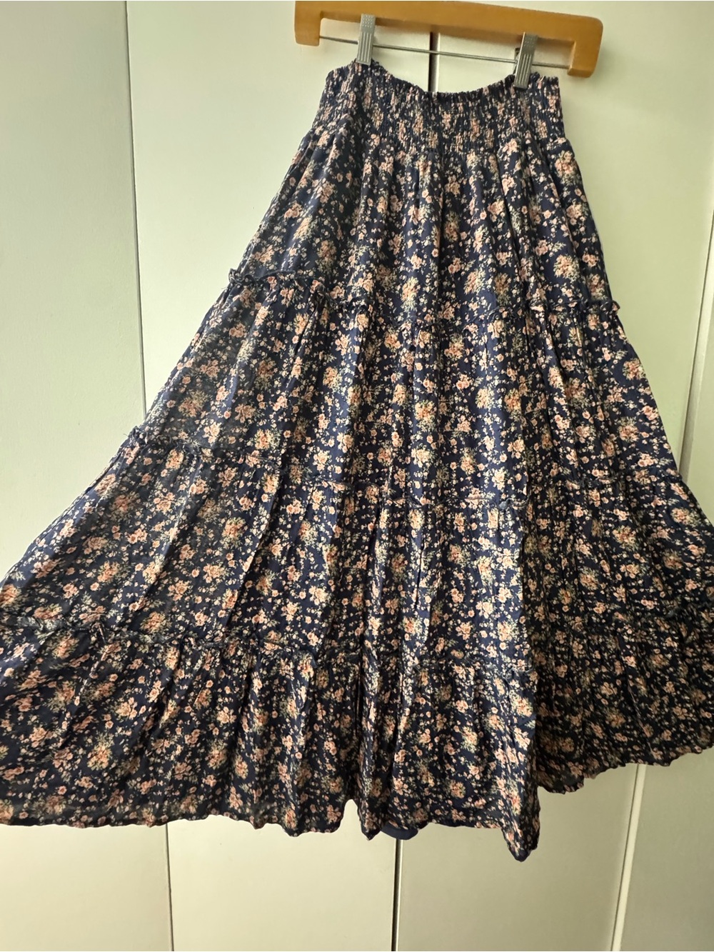 Penelope Rose Women’s Tiered Floral Maxi Skirt – Navy Blue Boho Cottagecore